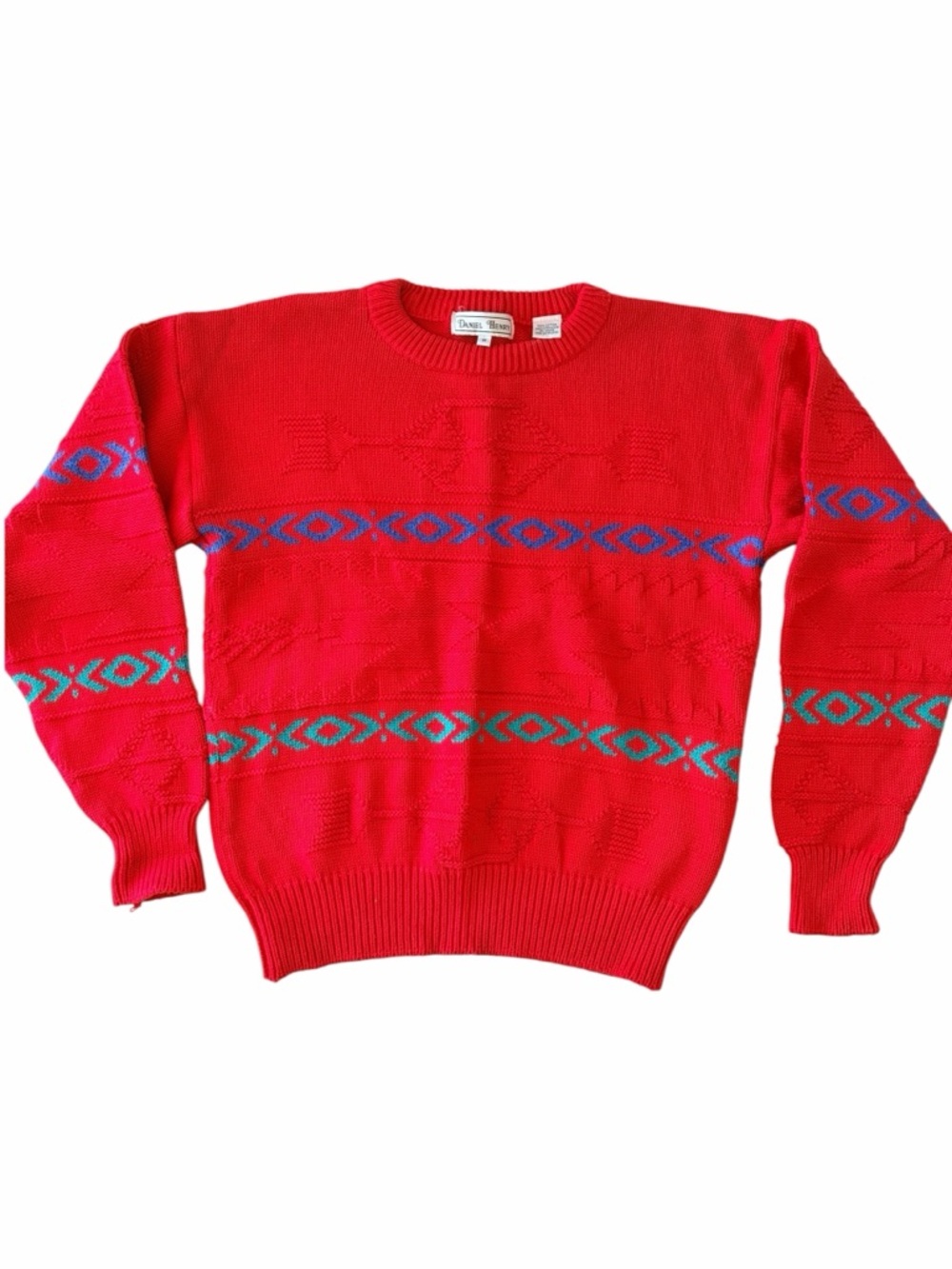 Vintage Red Patterned Crewneck Sweater - Classic Knit, Size M